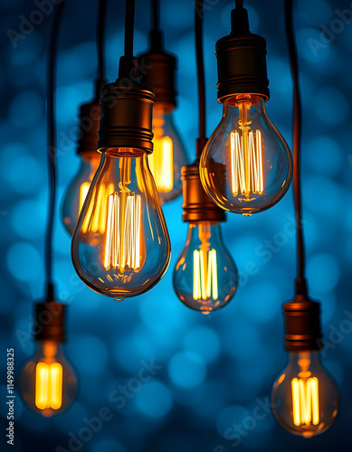 Illuminated vintage style bulbs hang against a captivating blue bokeh background, portraying innovation and ideas, pop art, with white tones