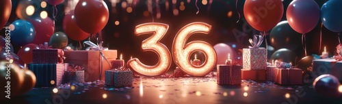 Thirty six illuminated number surrounded by gifts and balloons photo