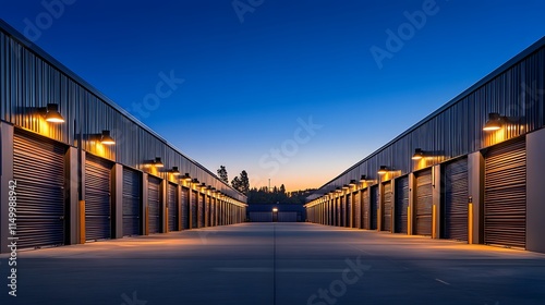 A row of modern storage units with industrial garage doors is depicted under a clear blue sky, emphasizing clean architectural lines, a symmetrical perspective, and a minimalist design. photo