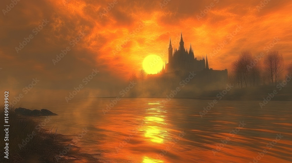 Fototapeta premium A mystical sunset over a castle, reflecting on a tranquil water surface.
