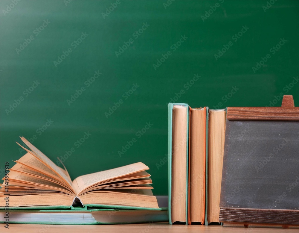 Books and a chalkboard representing the classroom and learning environment, symbolizing education, teaching, and academic growth. Books and a chalkboard representing the classroom and learning environment, symbolizing education, teaching, and academic growth.