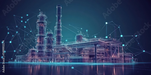 Digital Wireframe of Industrial Refinery with Futuristic Data Network