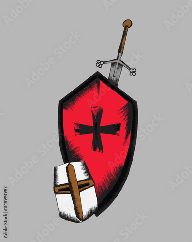 Medieval crusader shield, helmet and sword protecting christianity