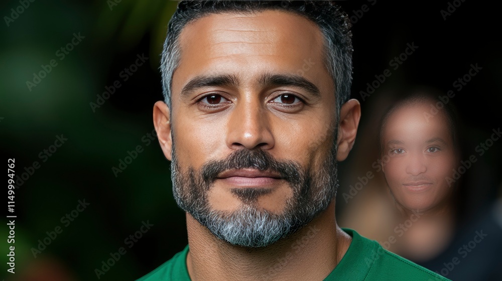 Confident Middle-Aged Man with Graying Hair and Beard, Blurred Background Confident Middle-Aged Man with Graying Hair and Beard, Blurred Background