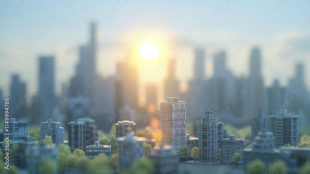 Fototapeta premium A serene cityscape at sunrise, highlighting modern architecture and greenery.