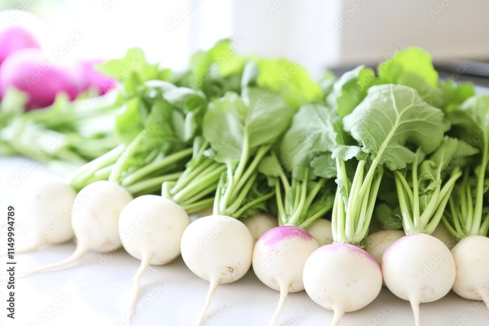 Fresh Harvest of Turnips with Green Leaves on Kitchen Counter Fresh Harvest of Turnips with Green Leaves on Kitchen Counter