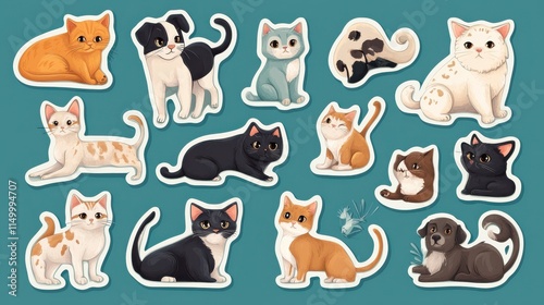 Domestic cats and dogs cute stickers set. Cute sticky labels decorated with cartoon image. Signs, symbols, objects of pets. Flat Art Rastered Copy Illustration