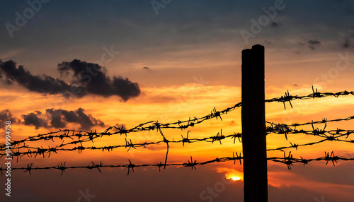 Dusk Shadows—Barbed Wire Silhouettes Framing a Golden Sunset