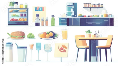 Food in the office isolated cartoon vector illustrations set. Coffee break in smart office, fresh fruit and vegetables at modern workplace, lunchroom and cafeteria, meal together vector cartoon. photo