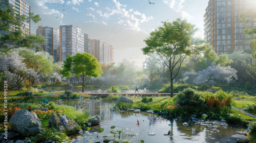 A serene park scene with a pond, flowers, and modern buildings in the background. A serene park scene with a pond, flowers, and modern buildings in the background.