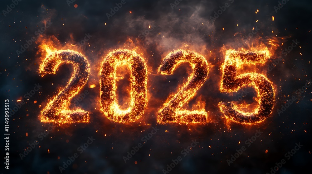 New Year 2025 in Fiery Numerals on Dark Background with Atmospheric Haze and Biomorphic Forms
