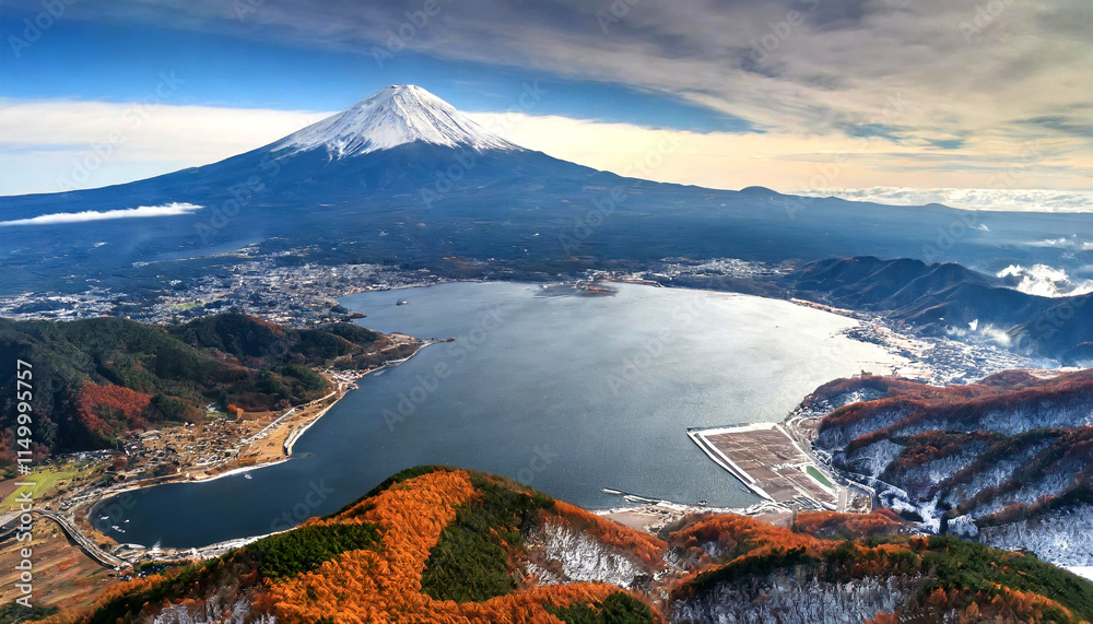 Naklejka premium Flying Over Fuji Mountain—Snow and Seasonal Beauty from an Airplane Window