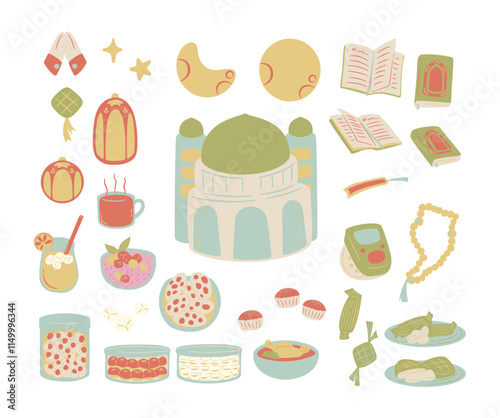 islamic event set ramadhan maulid and islamic new year celebration people item decoration