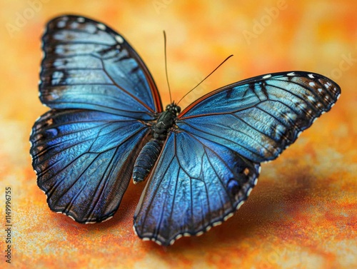 blue morpho butterfly displays its stunning radiant wings in serene environment. shimmering hues reveal intricate patterns and beauty of captivating species.