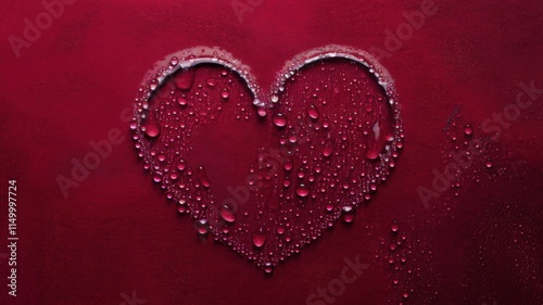A red background on which condensation forms the shape of a heart. The heart is made of water droplets. Red background with a place to copy.