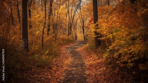 Autumn Path Through Golden Forest Woods