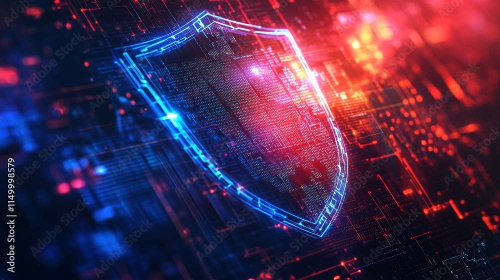 A glowing shield in blue and red lights represents digital security. The abstract circuitry background adds to the sense of advanced cybersecurity technology and protection.. AI Generation A glowing shield in blue and red lights represents digital security. The abstract circuitry background adds to the sense of advanced cybersecurity technology and protection.. AI Generation