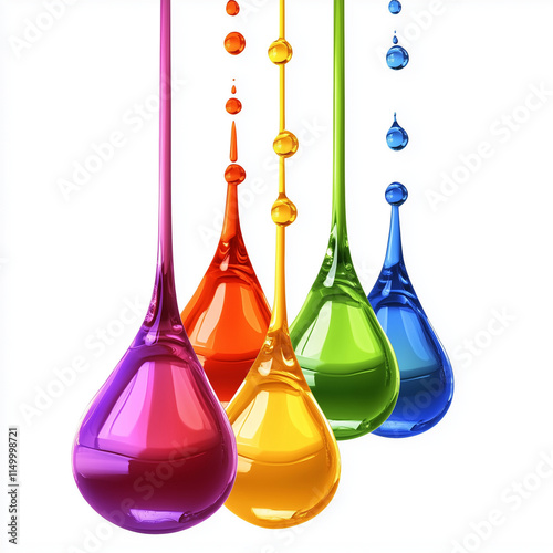 Colorful dripping liquid droplets in vibrant shades, artistic display on white background