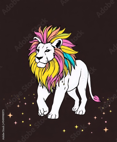 cartoon drawing of a lion with a colorful mane and a star background. photo