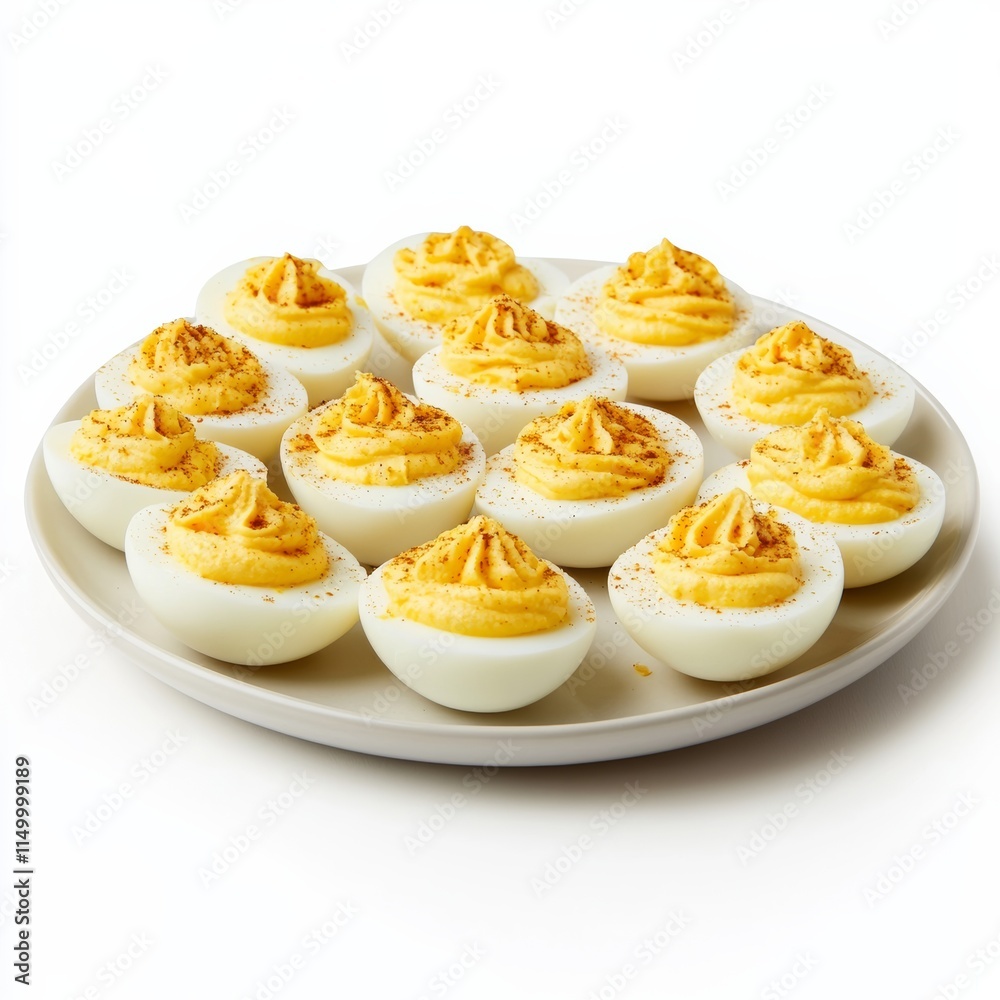 A plate of deviled eggs with rich yellow filling, neatly arranged on a white, seamless background A plate of deviled eggs with rich yellow filling, neatly arranged on a white, seamless background