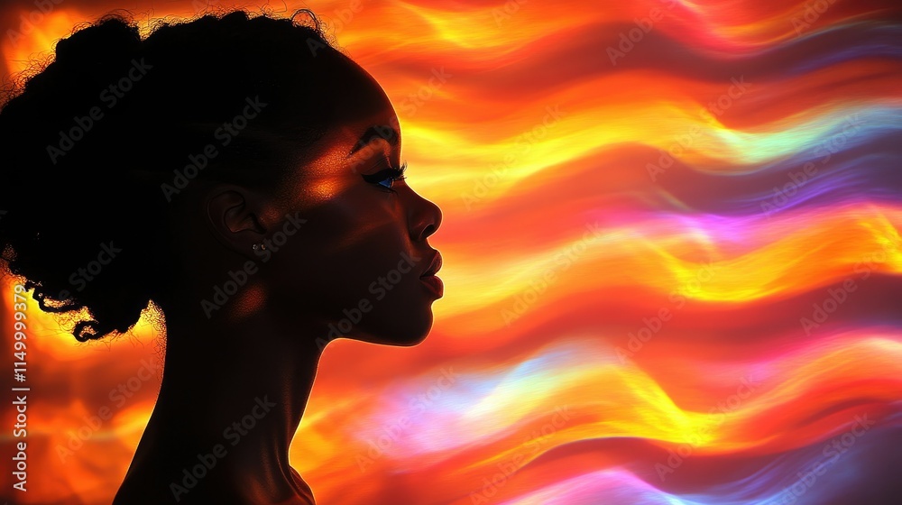 Silhouette of a woman's profile against a vibrant, colorful, abstract background. Silhouette of a woman's profile against a vibrant, colorful, abstract background.
