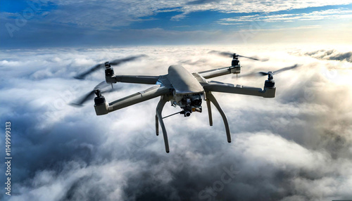 Advanced Military Drone in Flight Over the Clouds, Representing Cutting-Edge American Technology