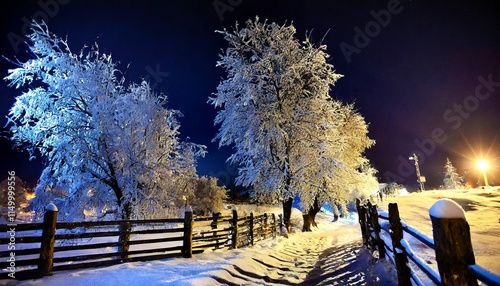 Nighttime Snowfall: Trees, Snowy Landscapes, and Fences Framed in a Beautiful Photograph
