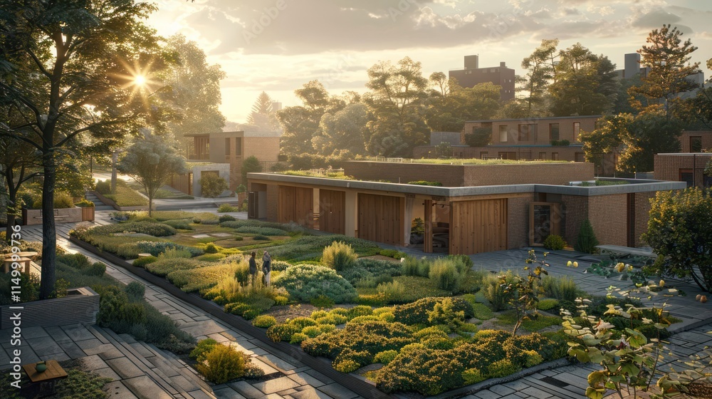 Obraz premium A serene residential area with modern architecture and lush landscaping.