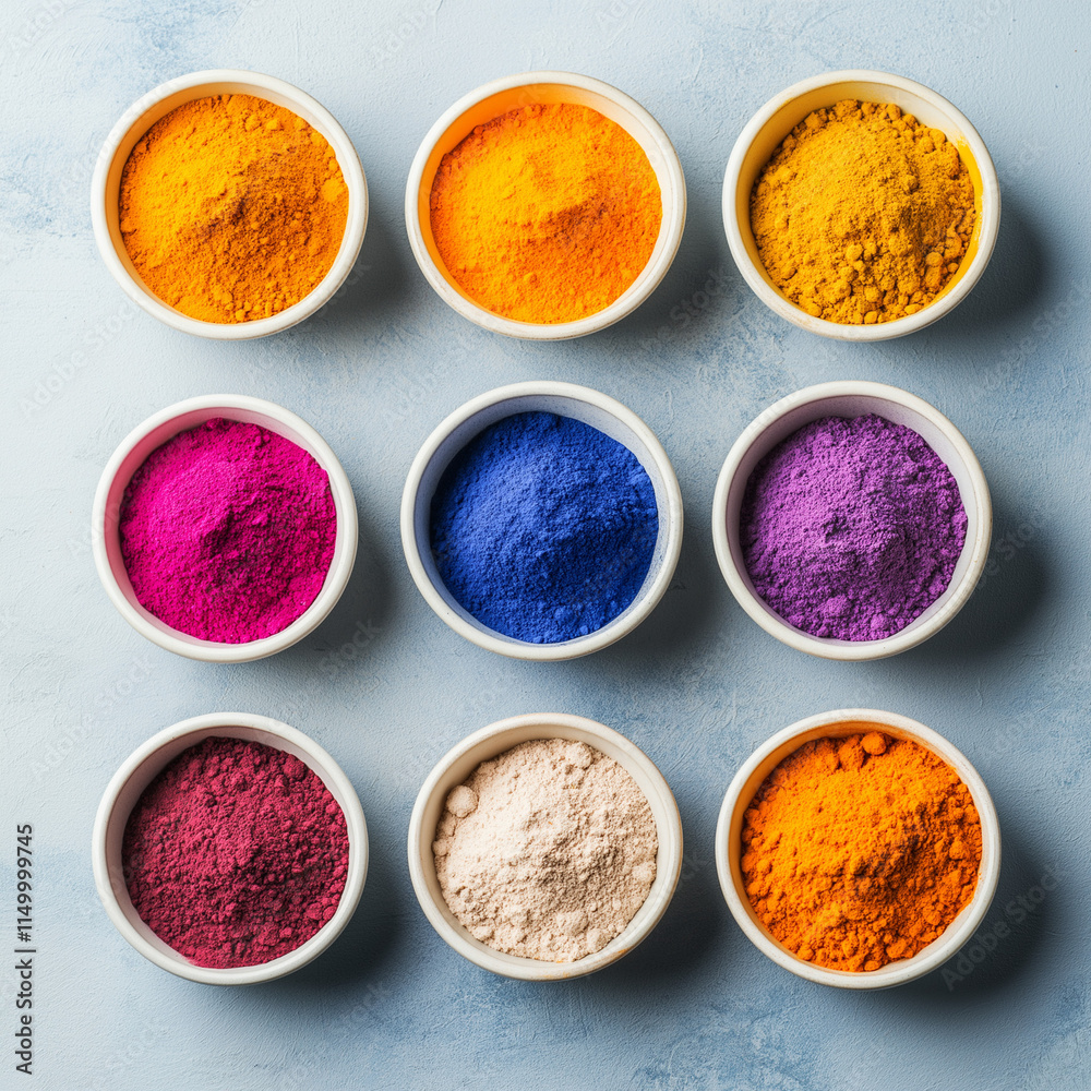 Nine bowls of vibrant colored powders arranged in a grid on a soft blue background representing the essence of the Holi festival Nine bowls of vibrant colored powders arranged in a grid on a soft blue background representing the essence of the Holi festival