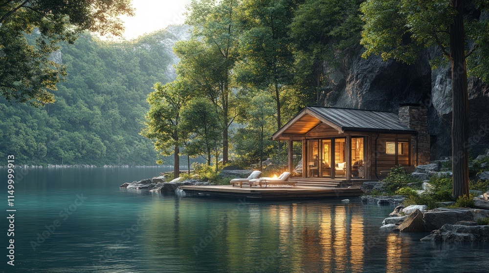Secluded lakeside cabin, tranquil forest setting. Secluded lakeside cabin, tranquil forest setting.