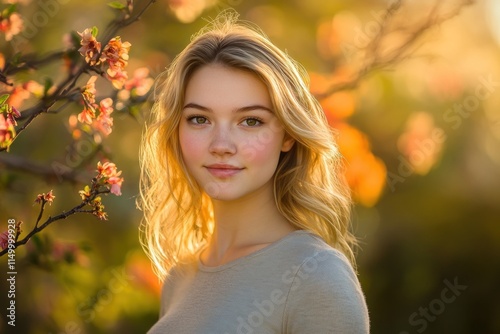 A young woman with wavy hair stands amidst blooming flowers, bathed in warm sunlight.
