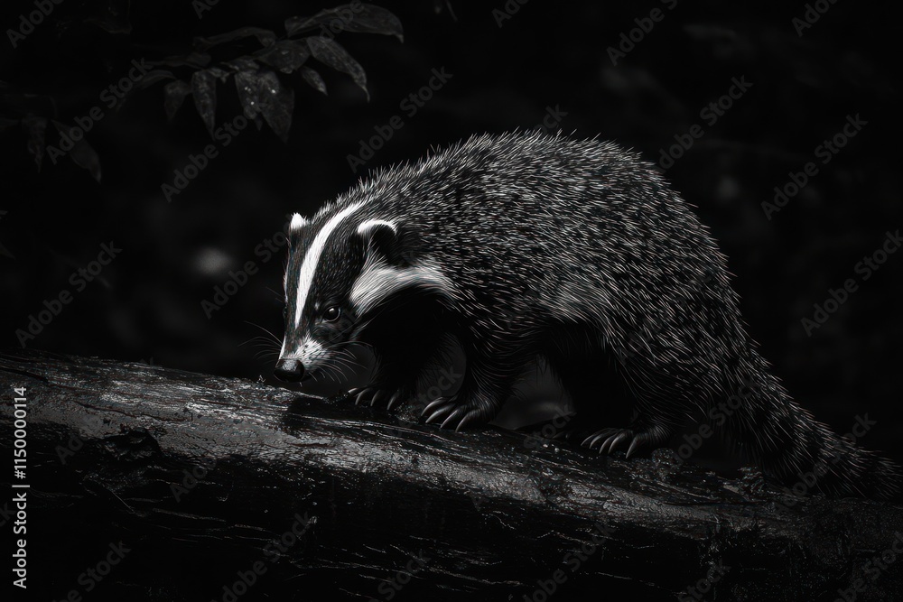 Obraz premium A black and white image of a badger walking on a log in a forested environment.