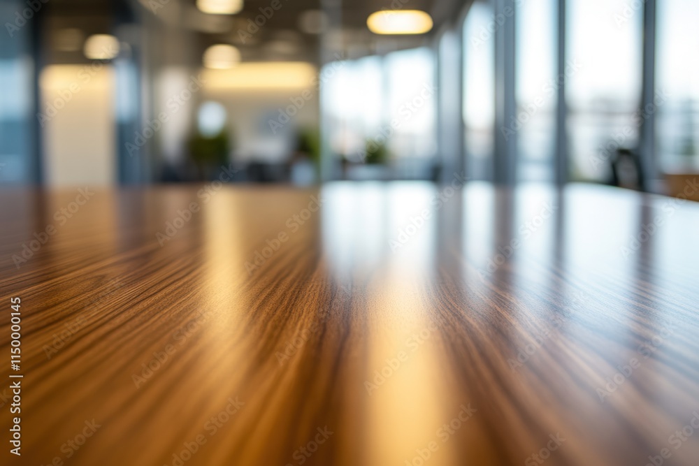 A close-up view of a polished wooden table in a modern office setting. A close-up view of a polished wooden table in a modern office setting.