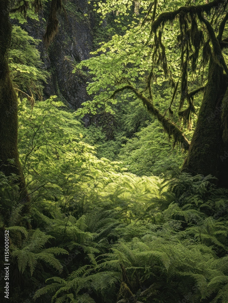 Lush green forest scene with ferns and trees, showcasing natural beauty and tranquility. Lush green forest scene with ferns and trees, showcasing natural beauty and tranquility.