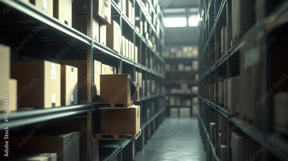 Fototapeta premium A warehouse aisle filled with stacked cardboard boxes on shelves.