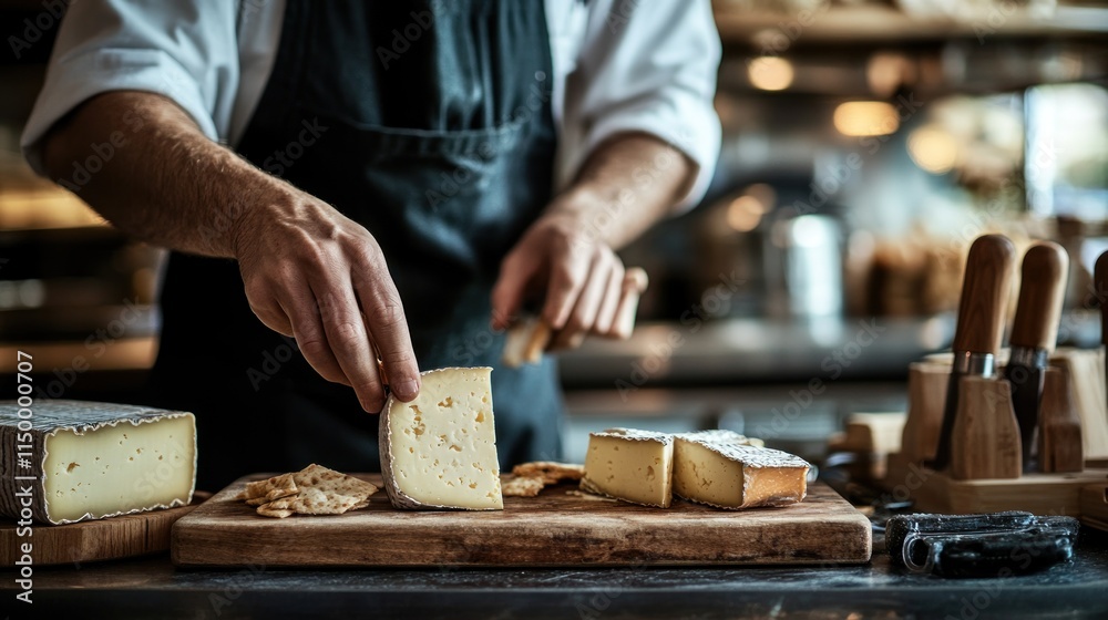 A chef preparing cheese on a wooden board in a culinary setting. A chef preparing cheese on a wooden board in a culinary setting.