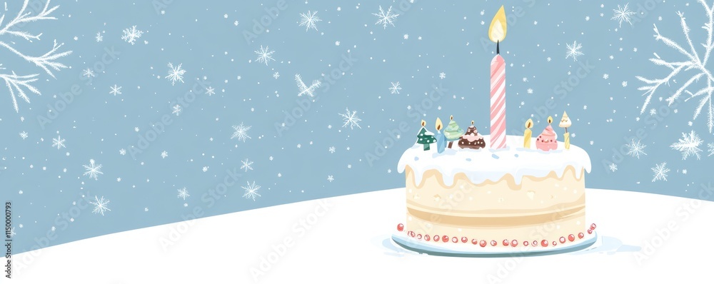 A festive cake with decorations and a candle against a snowy background. A festive cake with decorations and a candle against a snowy background.