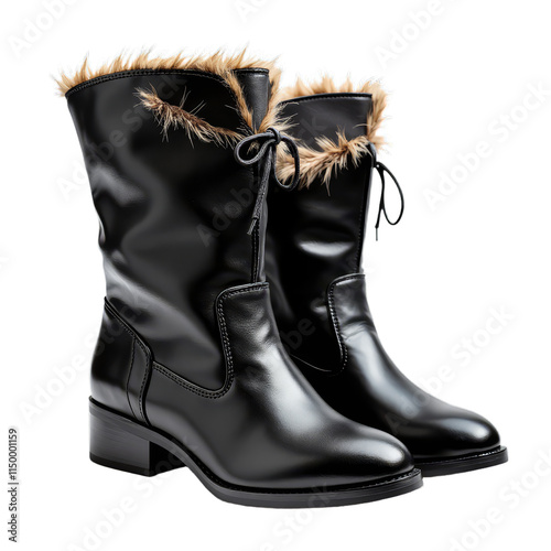 Black boots with fur trim or Ladies black leather boots with fur accents photo