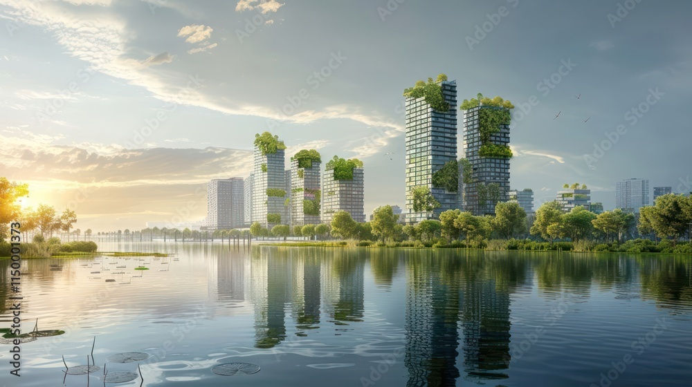 Fototapeta premium A futuristic cityscape with green skyscrapers reflecting in a serene lake at sunrise.