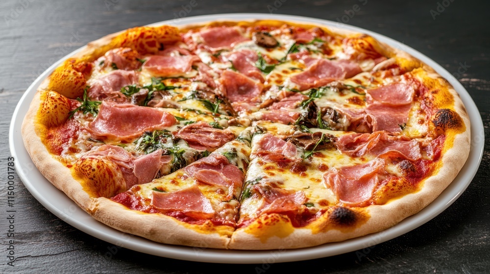 Freshly Baked Pizza with Ham and Arugula on a Plate Freshly Baked Pizza with Ham and Arugula on a Plate