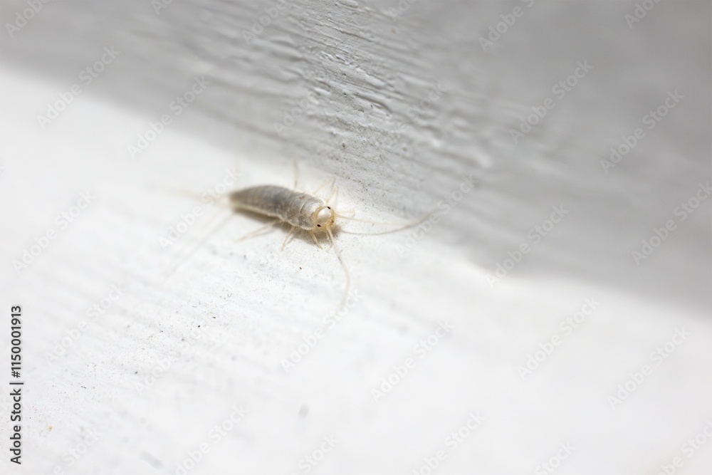 Closeup of silverfish (Lepisma saccharina) insect on white wall