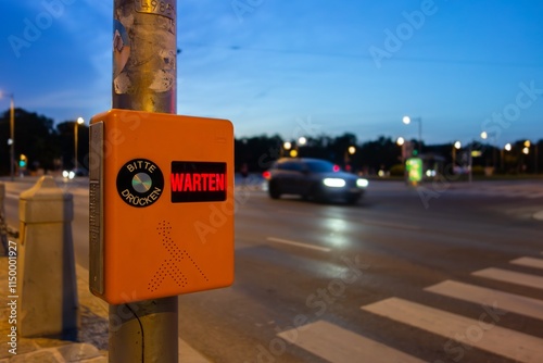 Obraz na płótnie Pedestrian zebra crossing with text telling people to wait and press button in German w salonie