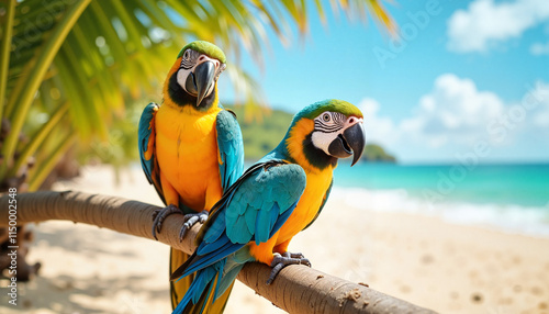  Two colorful parrots on a palm tree branch at the beach.