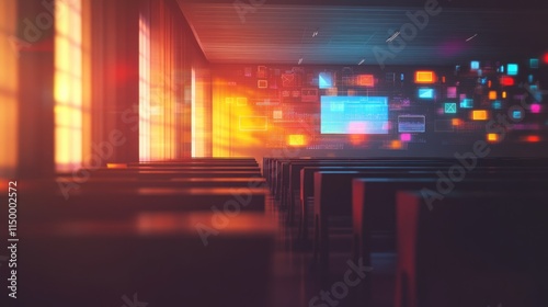 A modern classroom with glowing screens and sunlight streaming through windows.
