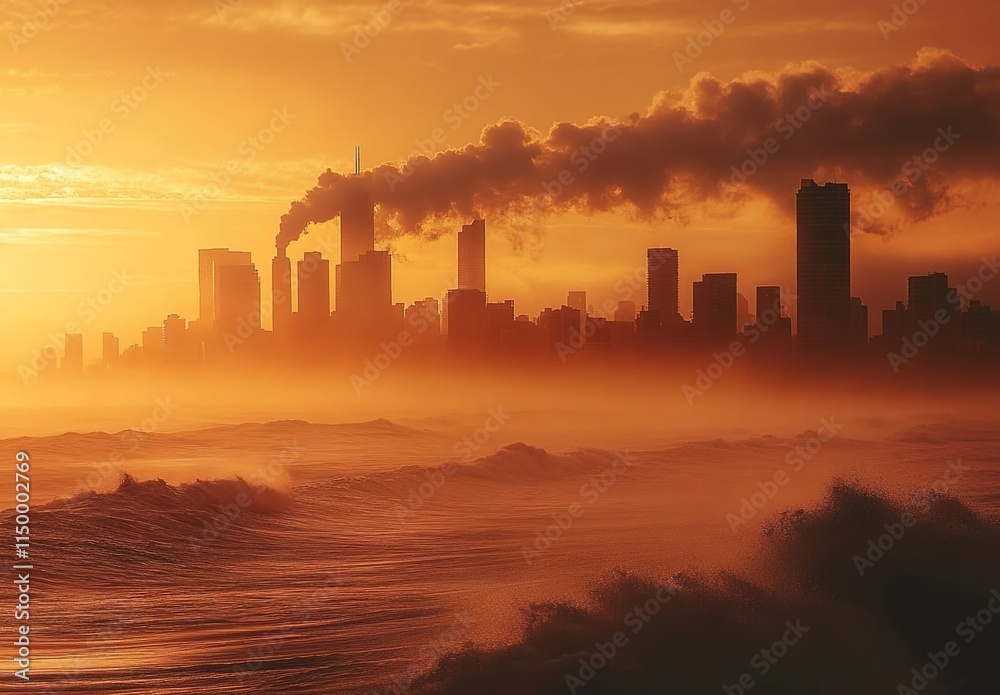Fototapeta premium A photo of the skyline of a future city in which thick smoke is rising from an industrial plant. 