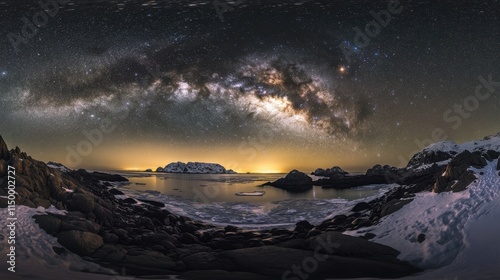 A clear, starry night sky with the Milky Way above the frozen coastline of Lofoten Islands, Norway, offering a stunning view