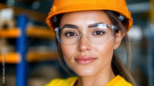 Confident Female Engineer or Construction Worker in Hard Hat and Safety Glasses