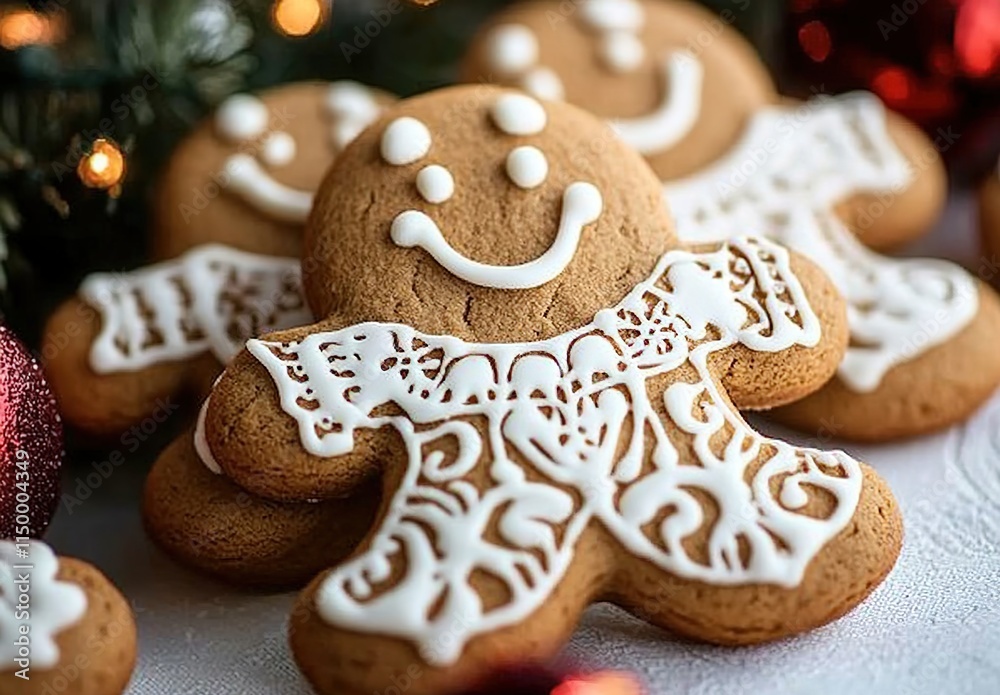 A close-up of gingerbread man cookies with white icing A close-up of gingerbread man cookies with white icing