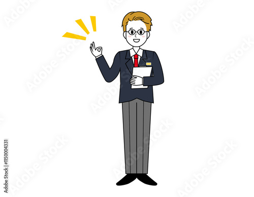 接客をする男性販売員のイラスト　男性のビジネスマンの全身イラスト