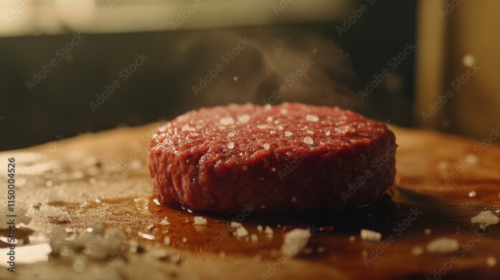 A close-up of a fresh raw ground beef burger patty, seasoned with salt and spices, ready for grilling or frying. A close-up of a fresh raw ground beef burger patty, seasoned with salt and spices, ready for grilling or frying.